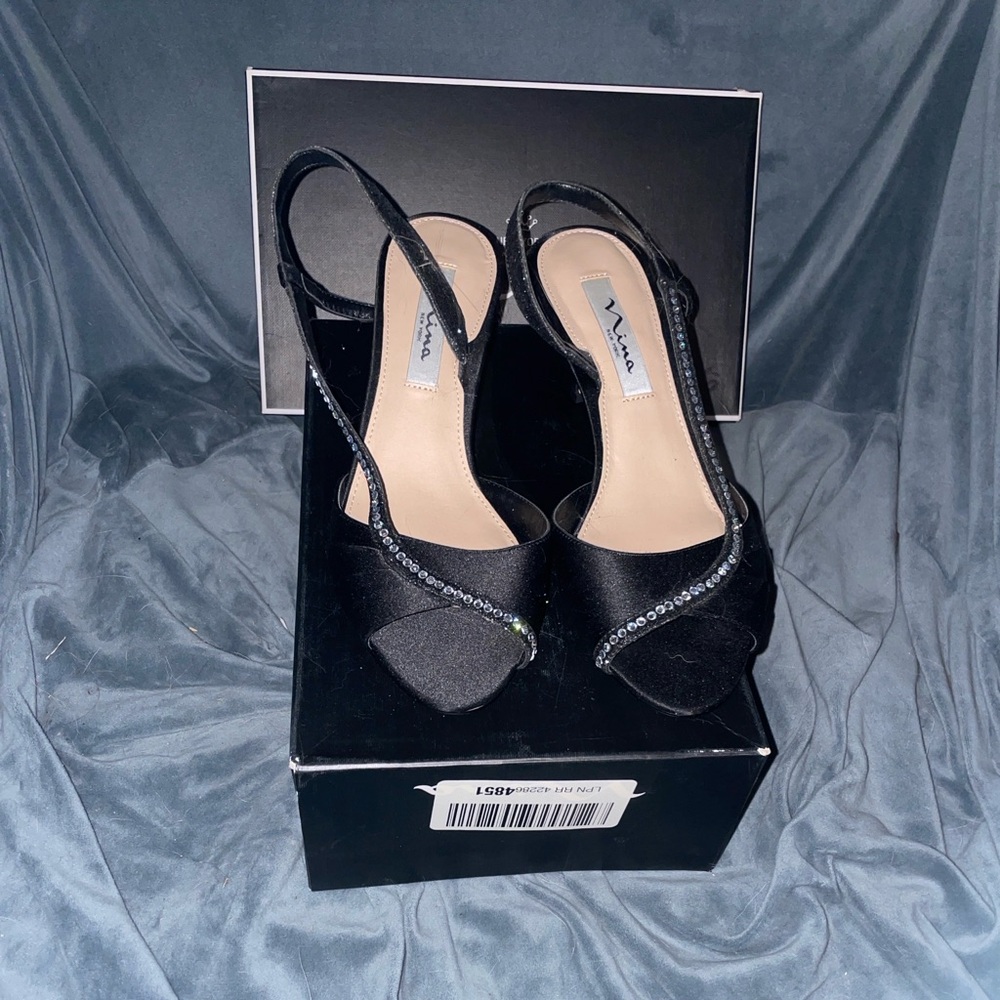 Nina Elegant Black Satin Slingback Heels